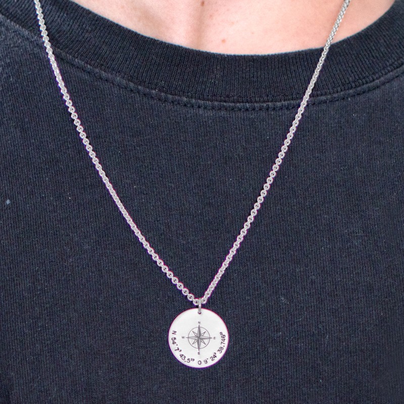 Herren Kette GPS 925 Sterling Silberkette Gravur Koordinaten Kompass