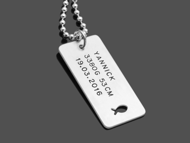 Geburtskette für Väter DOG TAG ICHTHYS 925 Silber Namenskette mit Gravur