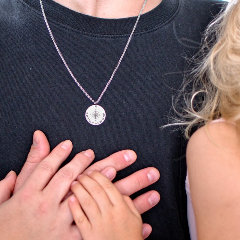 Herren Kette GPS 925 Sterling Silberkette Gravur Koordinaten Kompass